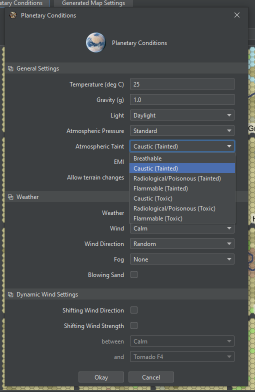 Planetary Conditions dialog with the Atmospheric Taint list open on Caustic (Tainted); the other choices are Breathable, Radiological/Poisonous and Flammable, each Tainted or Toxic