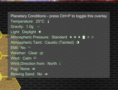 The in-game Planetary Conditions overlay, listing Atmospheric Taint: Caustic (Tainted)