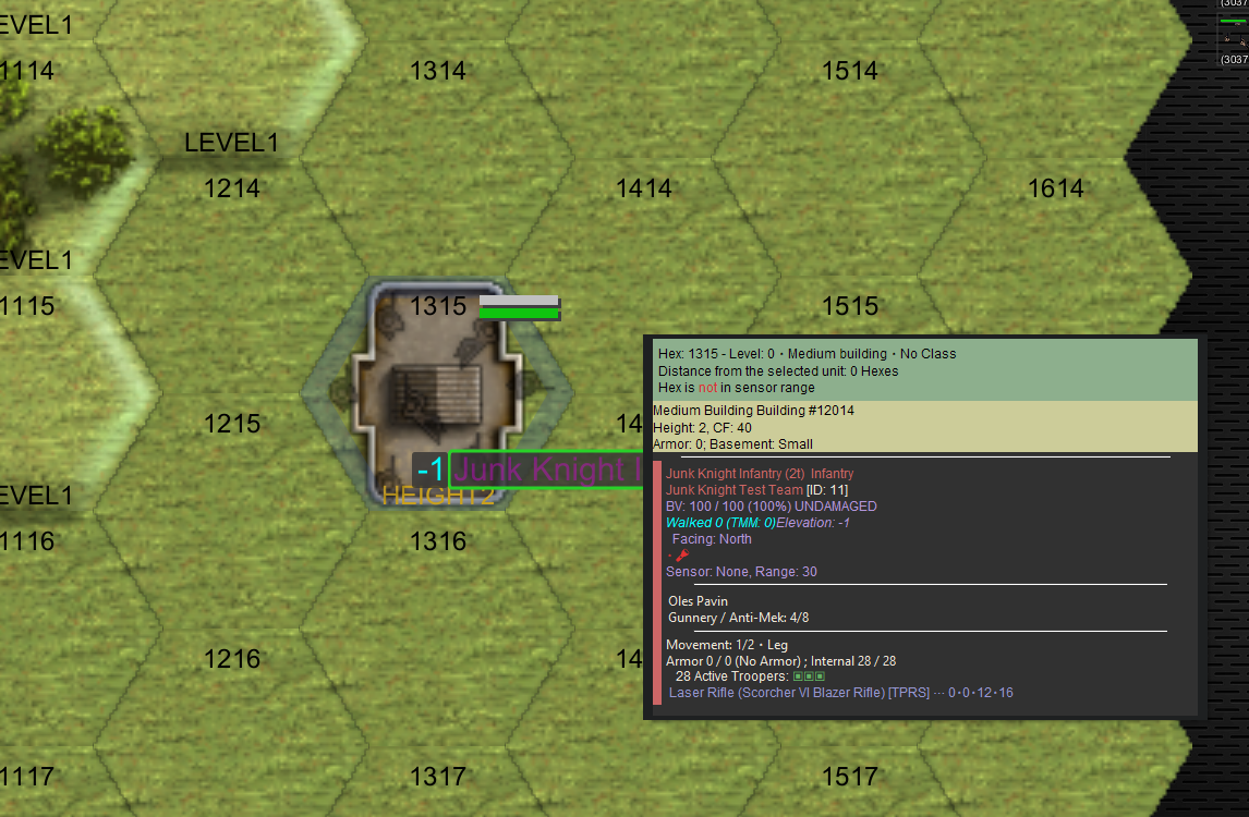 Hex tooltip for a medium building reading Basement: Small, with an infantry platoon inside at elevation -1